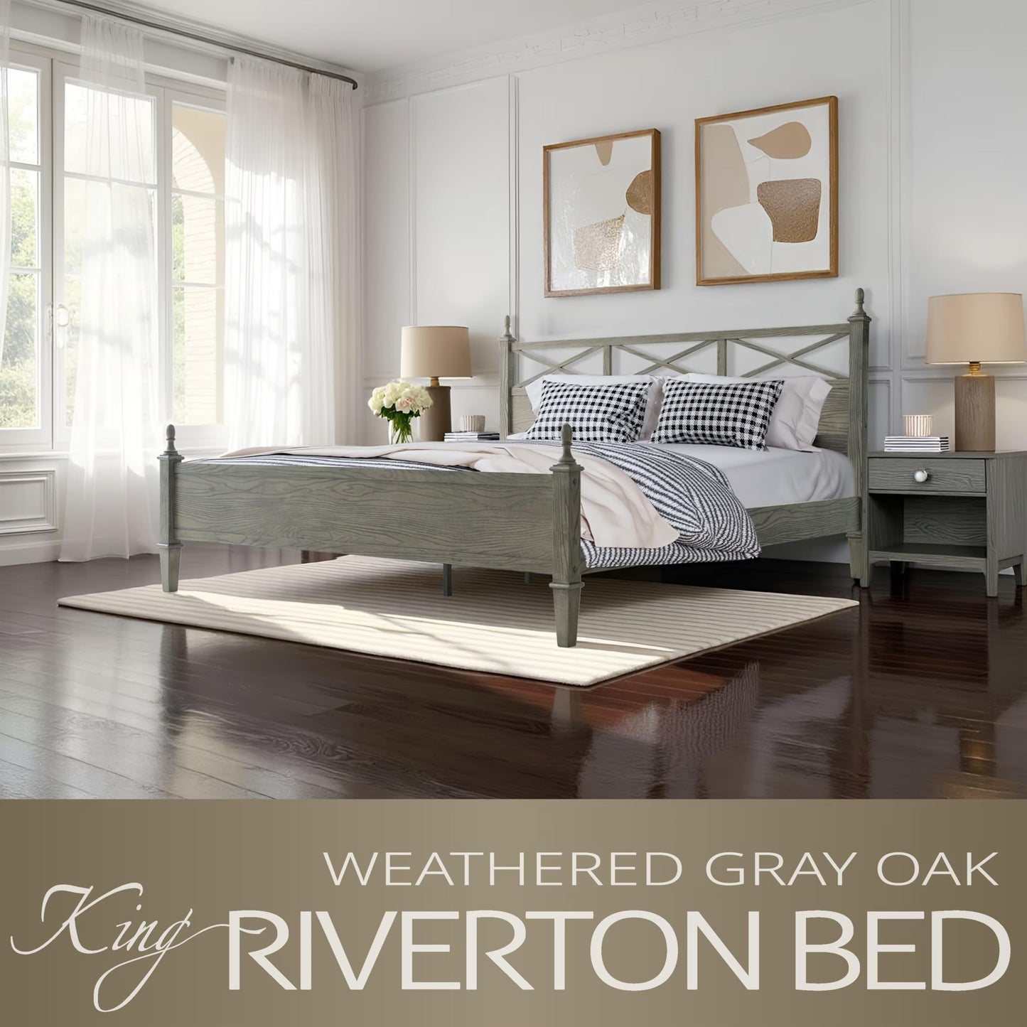 King Size Platform Bed Frame with Solid Wood Headboard & Footboard, 12 Heavy-Duty Slatted, Metal Legs, Anti-Slip & Noise-Free, Easy Assembly, No Box Spring Needed, Weathered Gray Oak Finish RIK-34