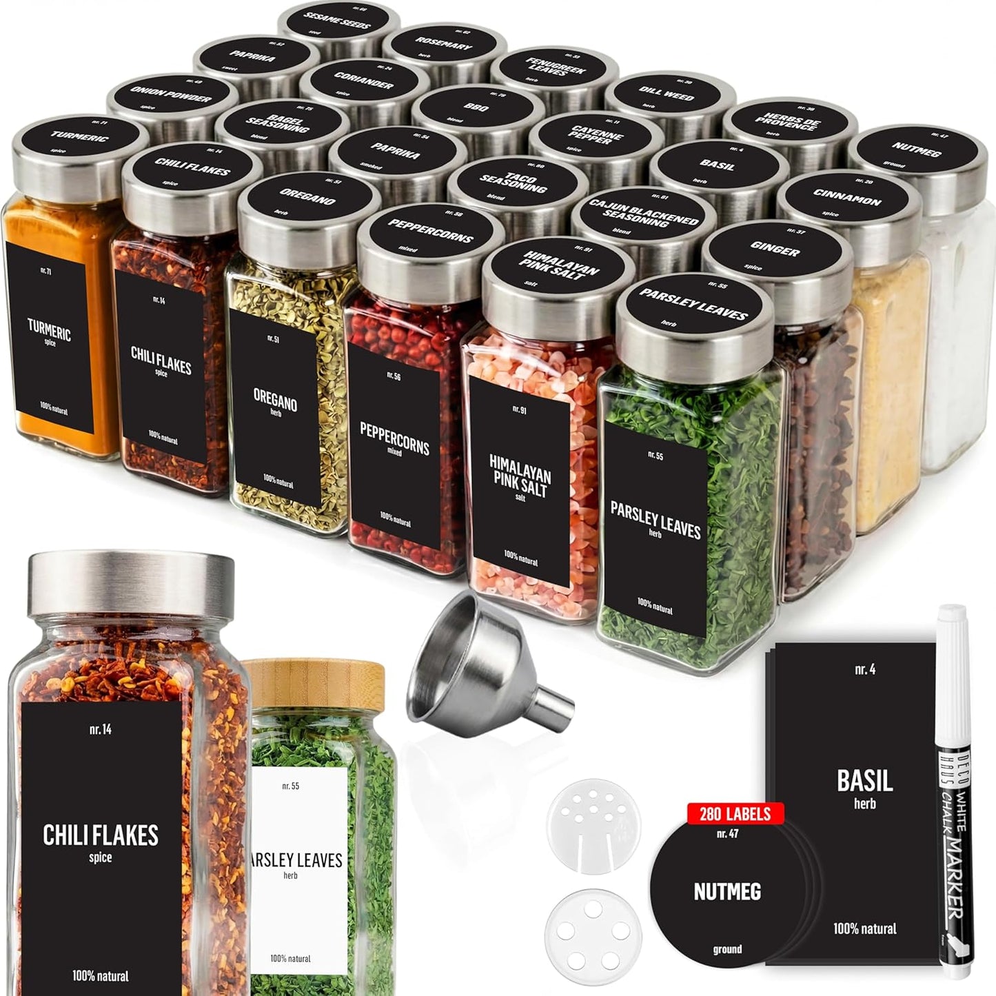 24 4oz 280 Deco haus Glass Spice Jars with Label x [LABELS incl] Spice Containers with Labels, Shaker Lids, Funnel