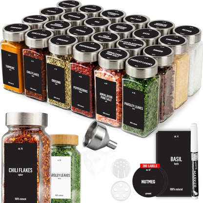 24 4oz 280 Deco haus Glass Spice Jars with Label x [LABELS incl] Spice Containers with Labels, Shaker Lids, Funnel