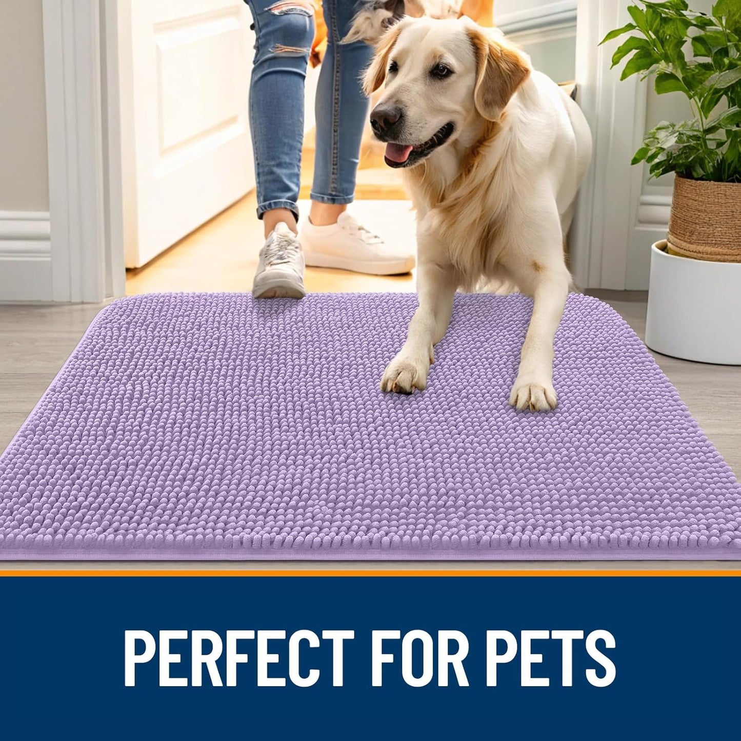 OLANLY Dog Door Mat - Absorbent Non-Slip Washable Doormat for Muddy Paws | 47x20, Quick Dry Chenille, Lavender