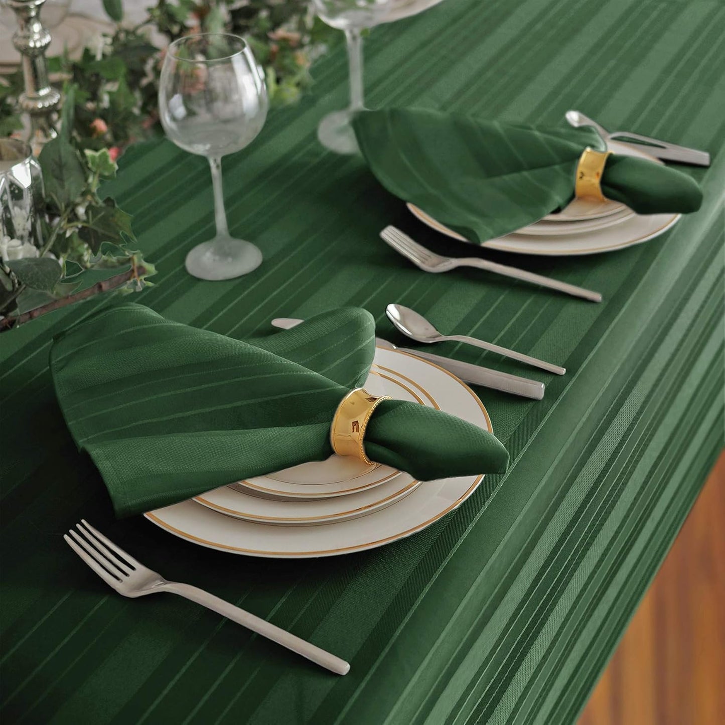 Newbridge Satin Stripe No-Iron Tablecloth, Soil Resistant Fabric with Set of 4 Napkins, Hunter Green