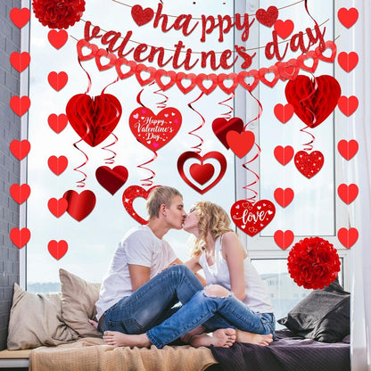 26Pcs Valentines Day Decorations Hanging Swirls Valentines Day Decorations Happy Valentine's Day Love Heart Garlands Banner Paper Honeycomb for Home Classroom Office Wedding Party Anniversary