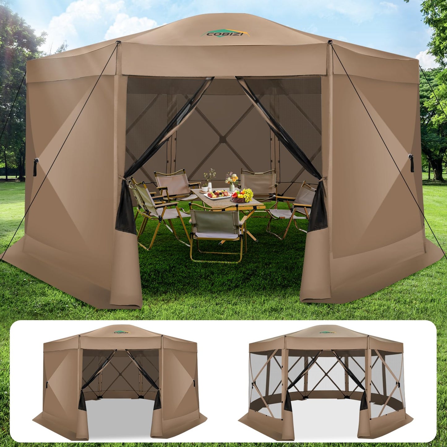 COBIZI 15x15FT Pop Up Gazebo Screen Tent Screen House for Camping, Screen Room with Mosquito Netting, Hub Tent Instant Screened Canopy with Carrying Bag and Ground Stakes, Khaki