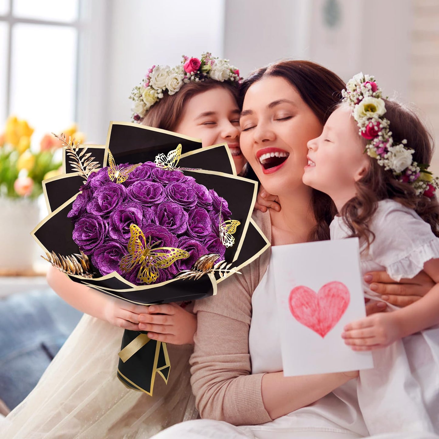 Tobilu Glitter Roses Bouquet - DIY Artificial Flower Bouquet Kit with Fake Rose Butterfly Stems Cards for Gifts Mother's Day Valentine's Day Anniversary Birthday, 24 Roses, Purple