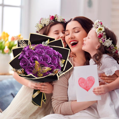 Tobilu Glitter Roses Bouquet - DIY Artificial Flower Bouquet Kit with Fake Rose Butterfly Stems Cards for Gifts Mother's Day Valentine's Day Anniversary Birthday, 24 Roses, Purple