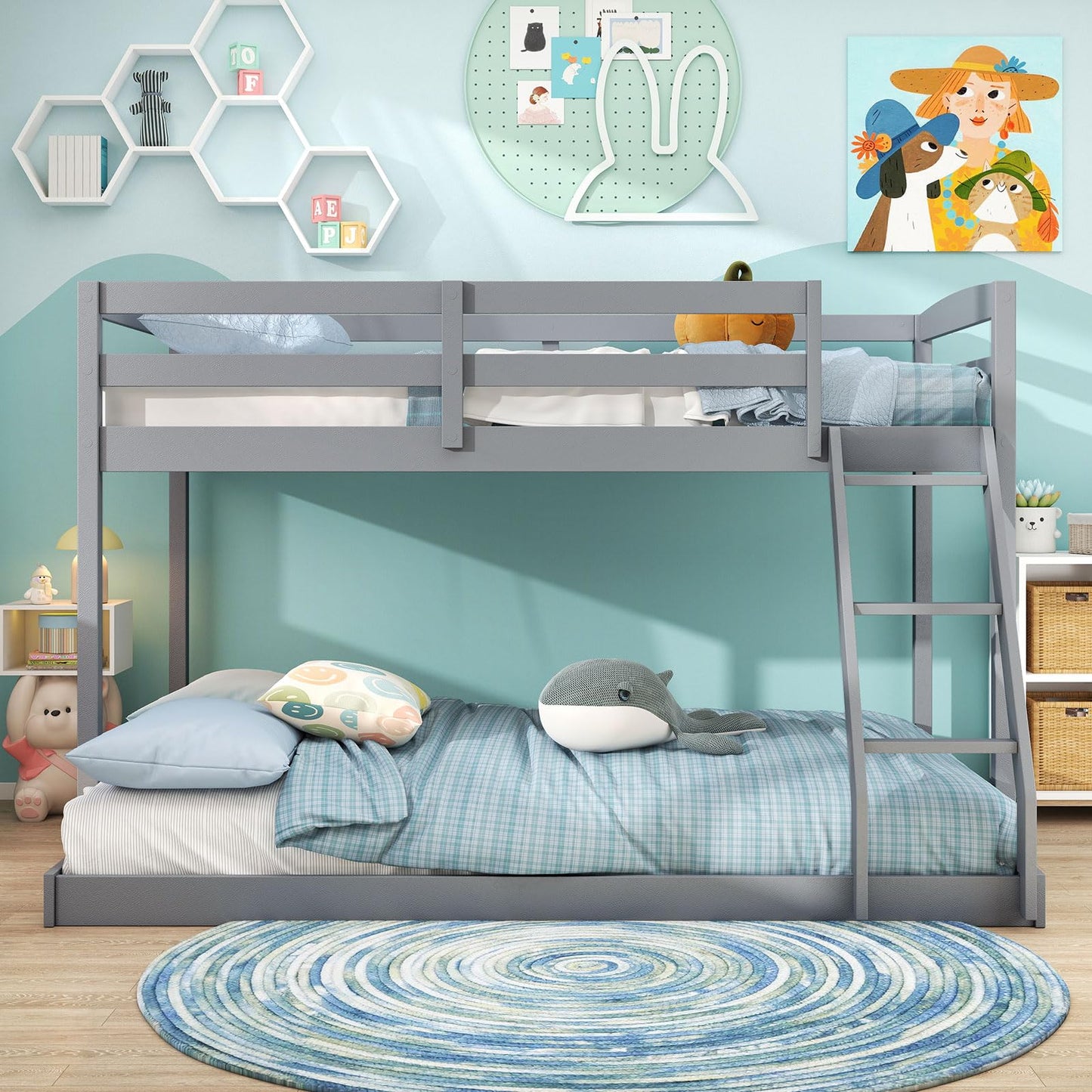 Giantex Twin Over Full Bunk Bed, Solid Wood Kids Bunk Bed with Full-Length Guardrails & Ladder, Low Bunk Beds with Slats Support for Kids, Teens, No Box Spring Needed, Grey