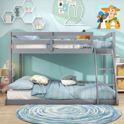 Giantex Twin Over Full Bunk Bed, Solid Wood Kids Bunk Bed with Full-Length Guardrails & Ladder, Low Bunk Beds with Slats Support for Kids, Teens, No Box Spring Needed, Grey