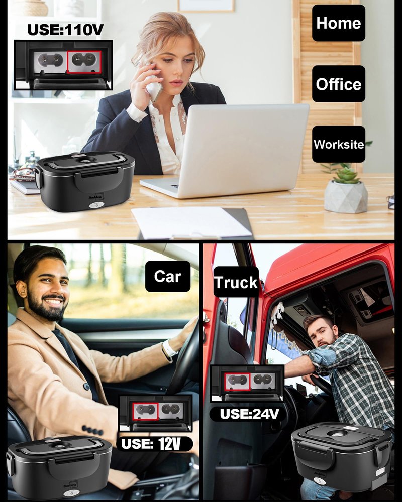 Buddew Electric Heated Lunch Box, 80W Fast Heating with Dual 1.5L Food-Grade 304 Stainless Steel, 12V/24V/110V Portable Food Warmer for Car Truck Office Adults, Lonchera Electrica Portatil (Black)
