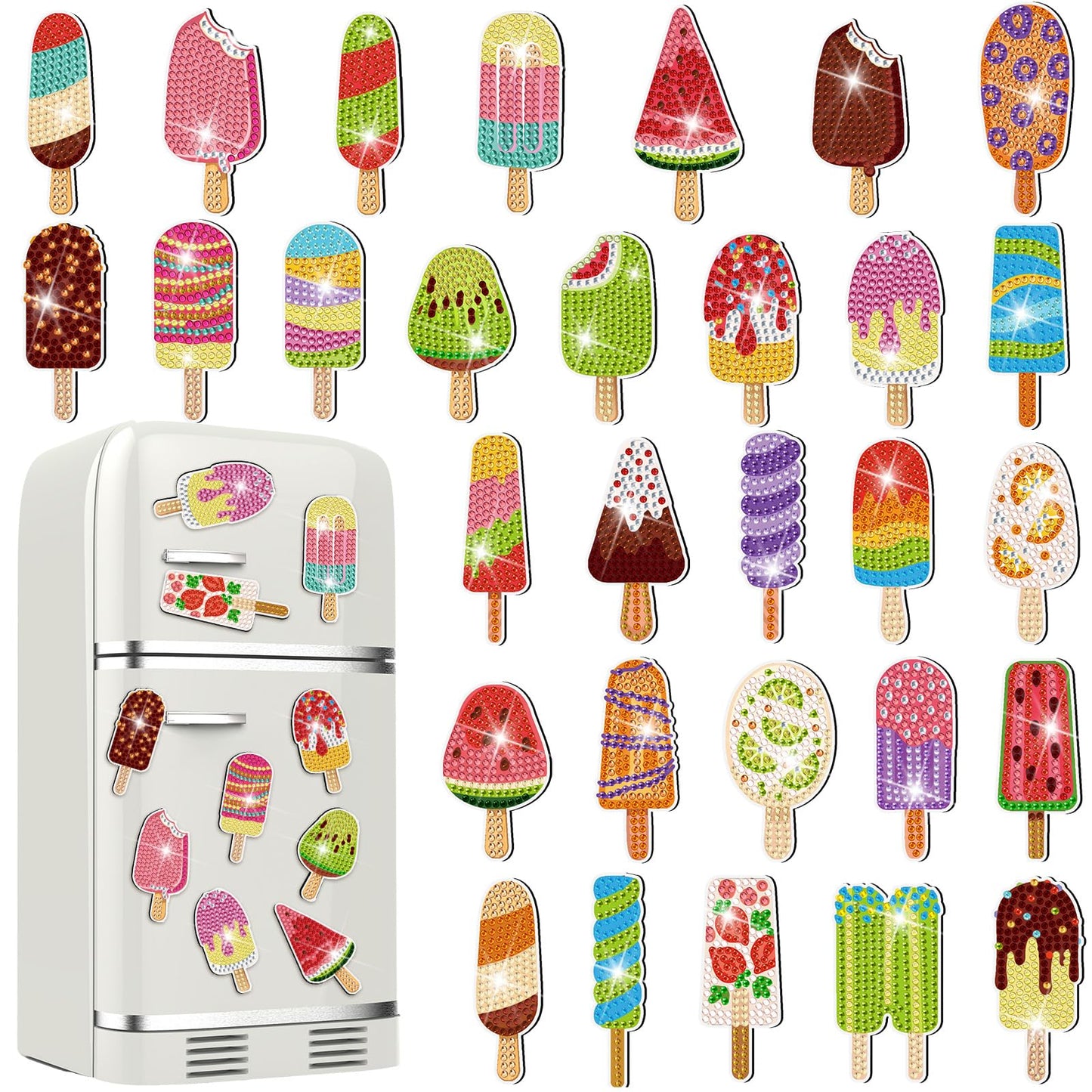 Remuuly 30 Pcs Ice Cream Diamond Painting Magnets Summer Diamond Art Magnet Kits for Adults Ice Cream 5D Rhinestones Refrigerator Magnetic Stickers for Beginner DIY Crafts Fridge Summer Gifts