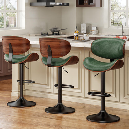 YaFiti Bar Stools Set of 4, Bentwood Adjustable Height Swivel Bar Stools, PU Leather Upholstered Bar Chair with Back and Footrest for Bar, Kitchen, Green
