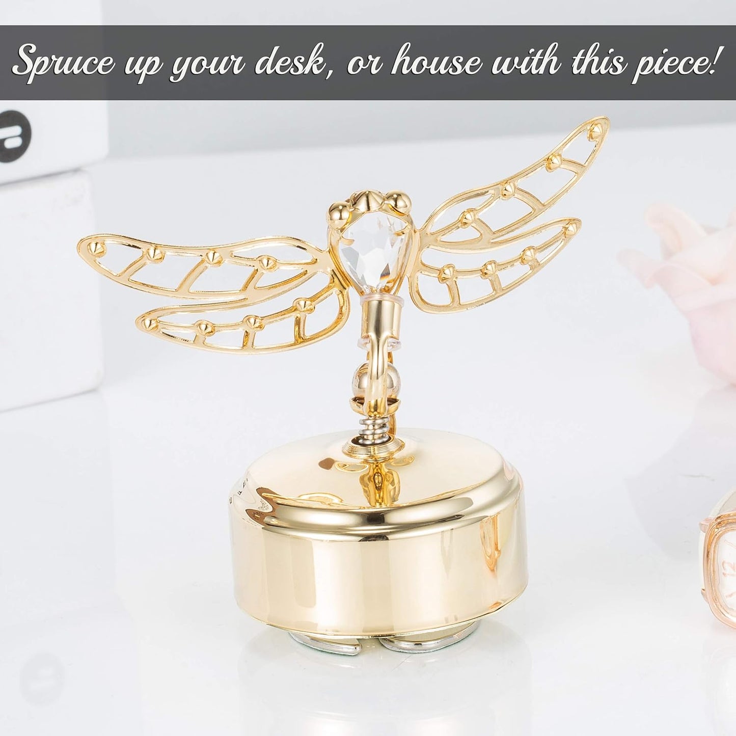 24K Matashi Gold Plated Music Box Plays You Are My Sunshine Crystal Dragonfly Tabletop Showpiece Elegant Gift