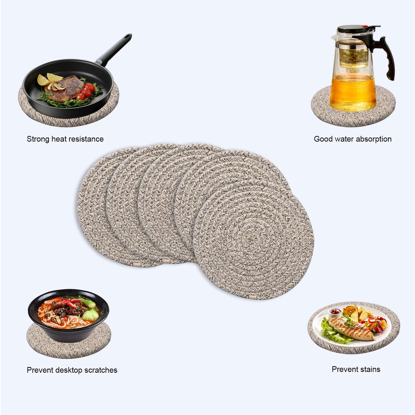 Vakelin 8 Inch Trivets for Hot Dishes, Hot Pots and Pans, Pot Holders for Kitchen, 5 Pcs Thick Heat Resistant Hot Pads for Kithchen, Countertop Hot Pad with Storage Basket