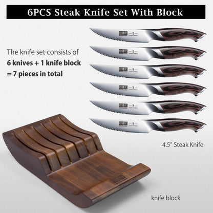 HOSHANHO Steak Knives Set of 6 with Block, 4.5 Inch Serrated Steak Knife Set, Japanese High Carbon Steel Kitchen Steak Knives with Ergonomic Handle