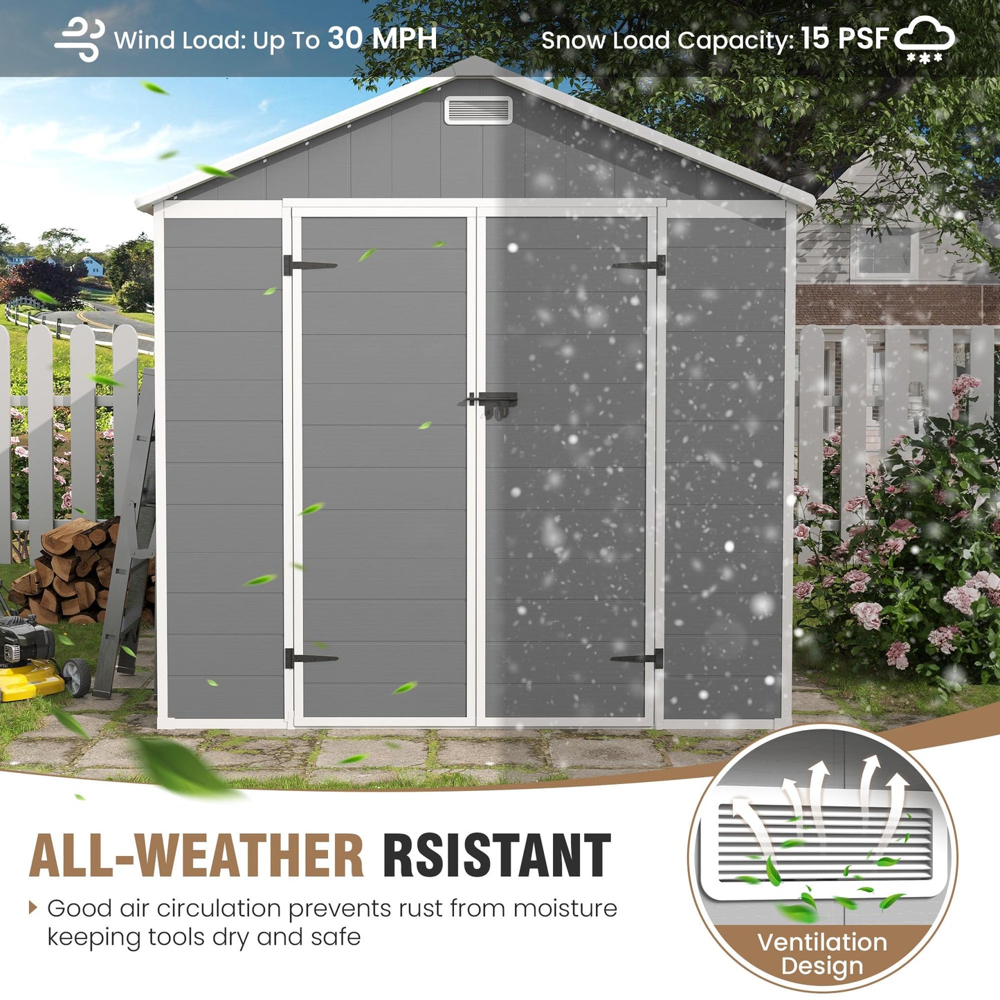 Amopatio 8x8 FT Resin Storage Shed, Outdoor Shed with Floor Included, Plastic Storage Sheds for Bike, Garden Tools, Sheds & Outdoor Storage with Lockable Door, Window & Vents, Grey & White