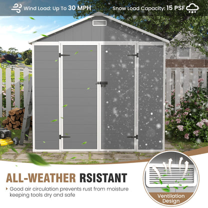 Amopatio 8x8 FT Resin Storage Shed, Outdoor Shed with Floor Included, Plastic Storage Sheds for Bike, Garden Tools, Sheds & Outdoor Storage with Lockable Door, Window & Vents, Grey & White