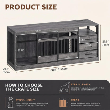 Homiflex 68.9" Large Dog Crate Furniture with 3 Storage Drawers Farmhouse Dog Kennel TV Stand Indoor for Large Medium Dogs Decorative Dog Cage with Sliding Barn Door & Power Outlet Grey