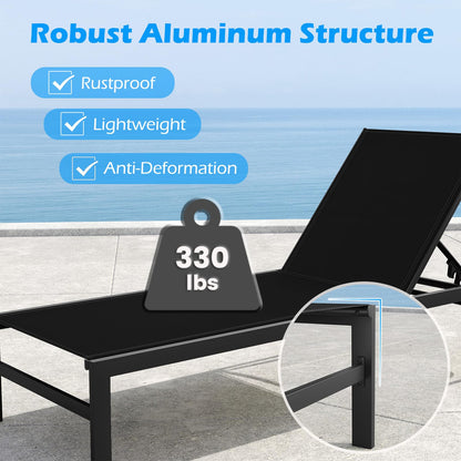 HAPPYGRILL Aluminum Chaise Lounge Chair, Heavy-Duty Patio Recliner W/ 6-Level Backrest & Breathable Fabric, Outdoor Lightweight Reclining Lounge Chair for Backyard, Poolside, Porch (2, Black)