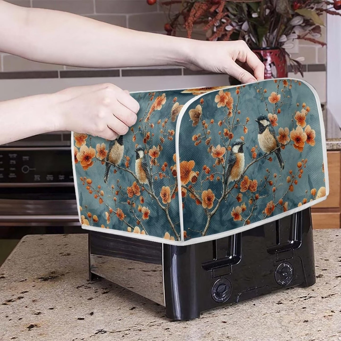 Blue Small Bird & Orange Red Flowers Toaster Cover - 4 Slice, Universal Size Dustproof Covers with Handle for Microwave
