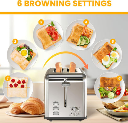 Simple Deluxe 2-Slice Toaster, Silver, 6 Browning Settings, 3 Functions, Extra Wide Slot & Removable Crumb Tray