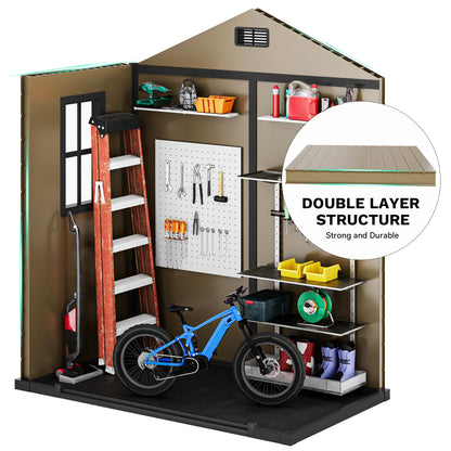 DWVO 6x4 FT Resin Storage Shed with Floor, Outdoor Storage Shed with Lockable Door, Window and Vents, Waterproof Plastic Tool Storage for Garden, Backyard, Patio, Lawn, Brown