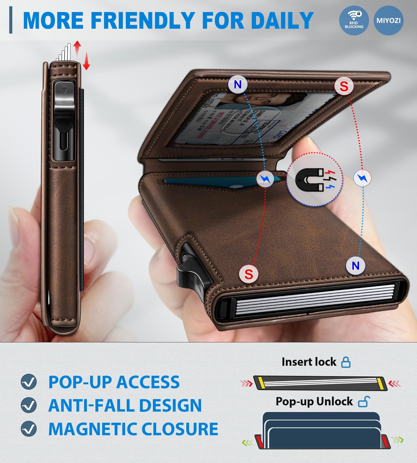 miyozi Wallet for Men, Slim Pop Up Card Holder - RFID Blocking Minimalist Bifold Wallet with ID Window, Holds 9-11 Cards & Stretchable Strap, Metal Flip Case with Magnetic Closure, Gift Box
