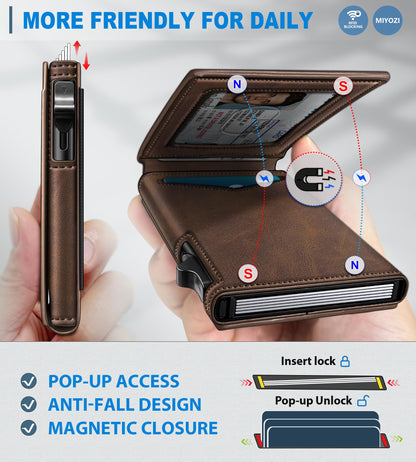 miyozi Wallet for Men, Slim Pop Up Card Holder - RFID Blocking Minimalist Bifold Wallet with ID Window, Holds 9-11 Cards & Stretchable Strap, Metal Flip Case with Magnetic Closure, Gift Box