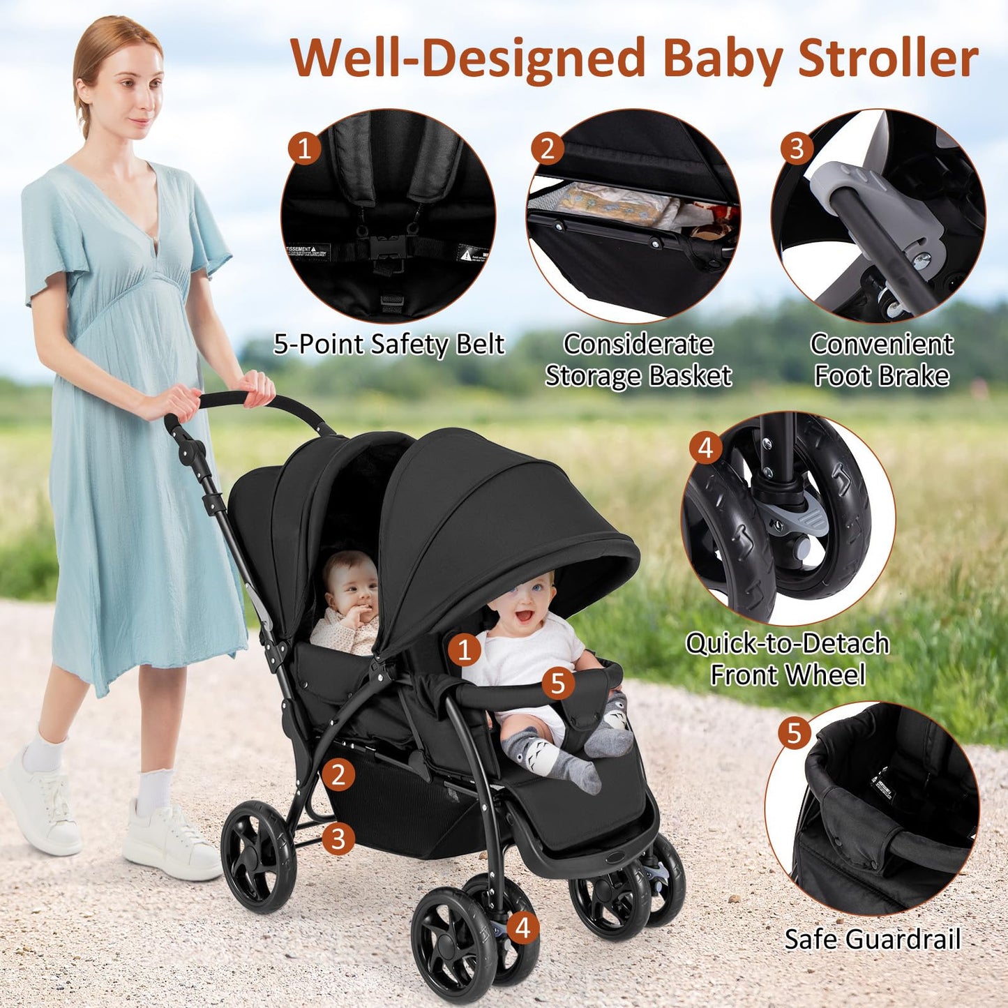 GLACER Foldable Twin Stroller, Double Baby Stroller w/Multi-Level Backrest, Canopy, Handle & Footrest, Safety Belt & Brake System, Travel Tandem Seating Stroller w/Lockable Wheels (Black)