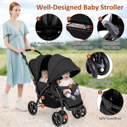 GLACER Foldable Twin Stroller, Double Baby Stroller w/Multi-Level Backrest, Canopy, Handle & Footrest, Safety Belt & Brake System, Travel Tandem Seating Stroller w/Lockable Wheels (Black)