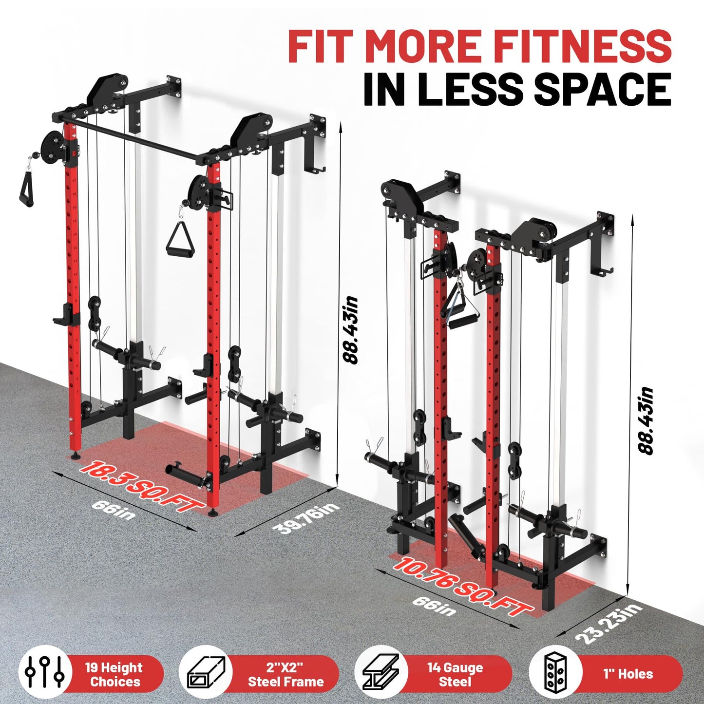 Garvee Folding Squat Rack, Wall Mounted Power Rack with Dual Independent Pulley System & Pull Up Bar, Multi-Function Power Cage with for Home Gym Space-Saving