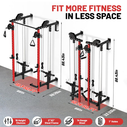 Garvee Folding Squat Rack, Wall Mounted Power Rack with Dual Independent Pulley System & Pull Up Bar, Multi-Function Power Cage with for Home Gym Space-Saving