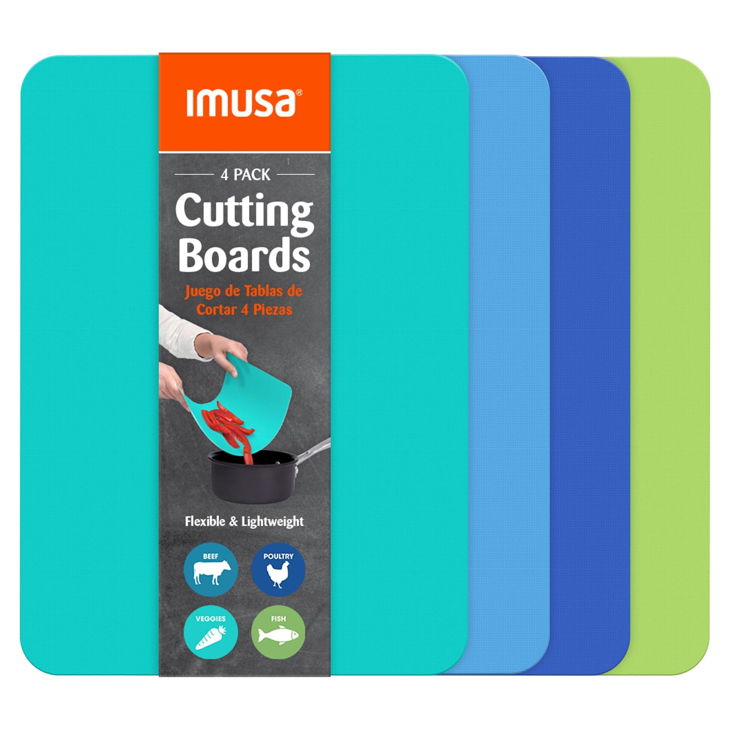IMUSA Flexible Cutting Mats - 4 Pack – 11.5" x 15" Thin Plastic Cutting Boards for Kitchen, Color Coded, Non-Slip Backing, Odor Resistant Cutting Mat Set, Easy to Clean, Food Prep Boards