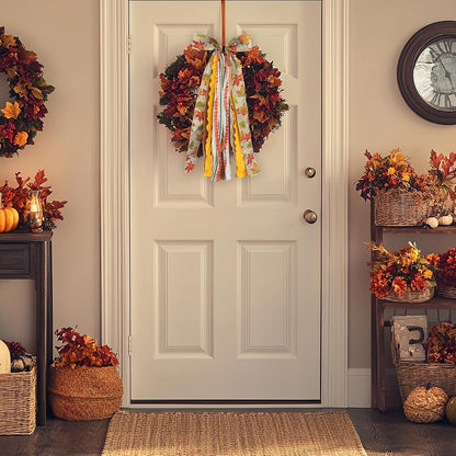 Skiennix Large Fall Ribbon Bow - Assorted Orange Maple Leaves Fabric Ribbons for Thanksgiving Decor