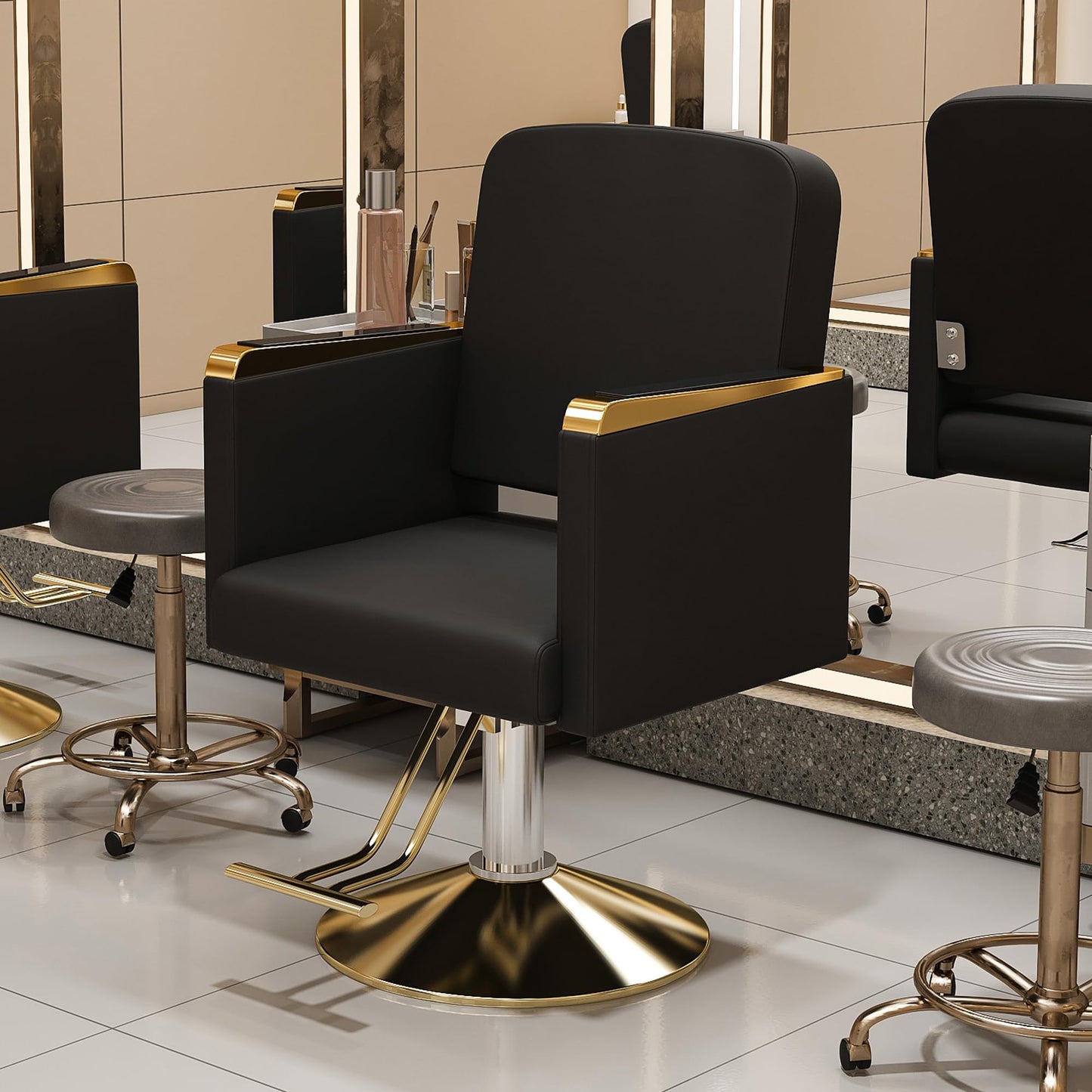 KEIKI Professional Salon Chair, 360° Swivel Hydraulic Barber Chair, Non-Tilting Styling Chair for Hair Salon, Tattoo & Beauty Spa, Black & Gold