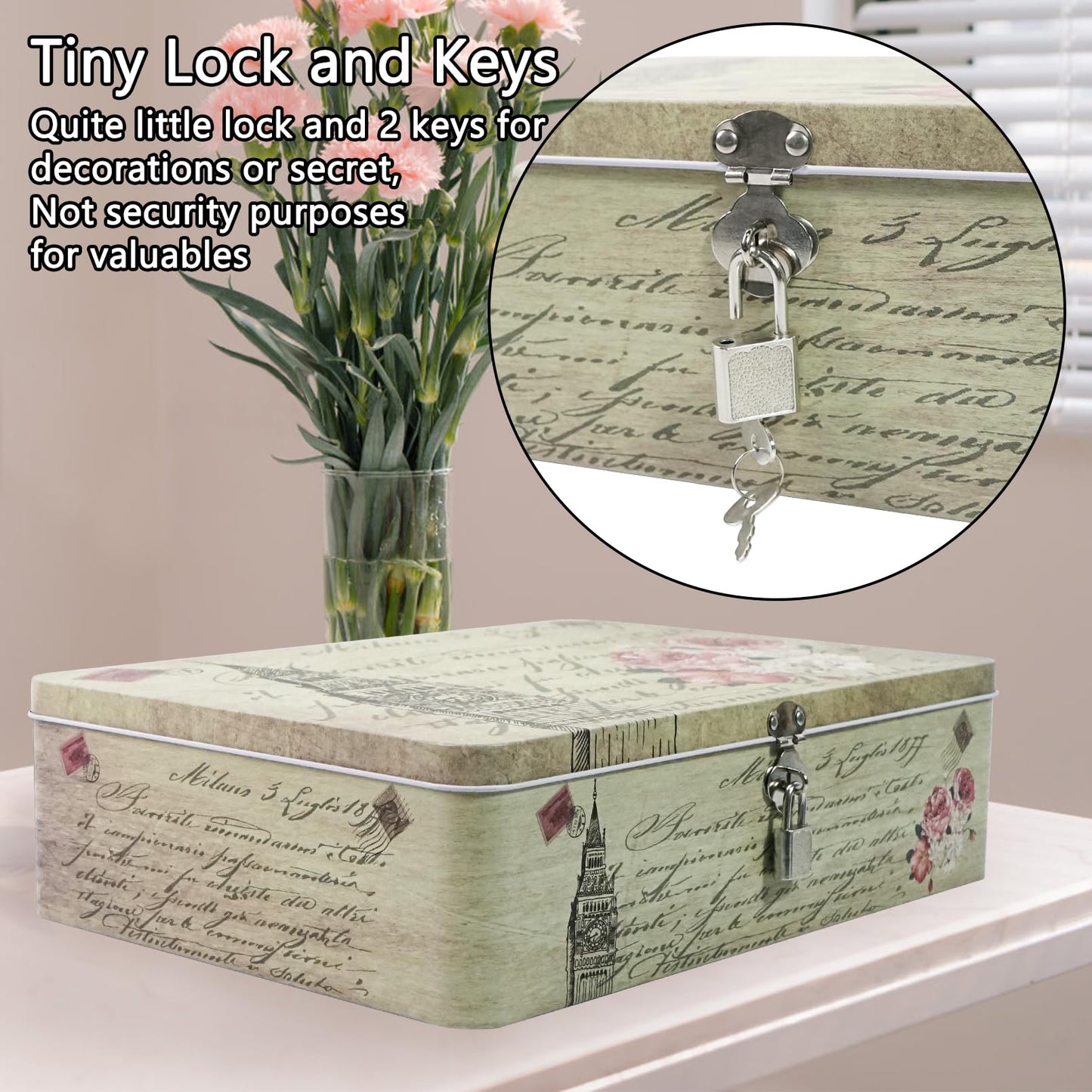 DreamsEden Decorative Keepsake Box with Hinged Lid and Small Lock, Large Letter Size, Tin Sheet Metal - Storage Memory Box for Keepsakes, Cards, Letters, Seed, Kids Gifts