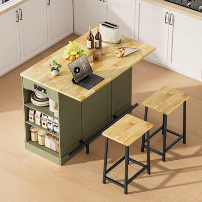 ONBRILL Stationary Kitchen Islands Include 2 Chairs, 47" Kitchen Island with Drop Leaf, Home Bar Table with Spice Rack & with Trash Cabinet, Island Table for Dining Room with Power Outlet, Green