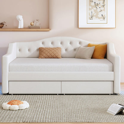 Ball & Cast Twin XL Size Daybed with Storage Drawers and LED Light, Linen Upholstered Day Bed Frame with Solid Wood Slats for Guest Room,Apartment,No Spring Box Needed, Easy Assembly,Beige
