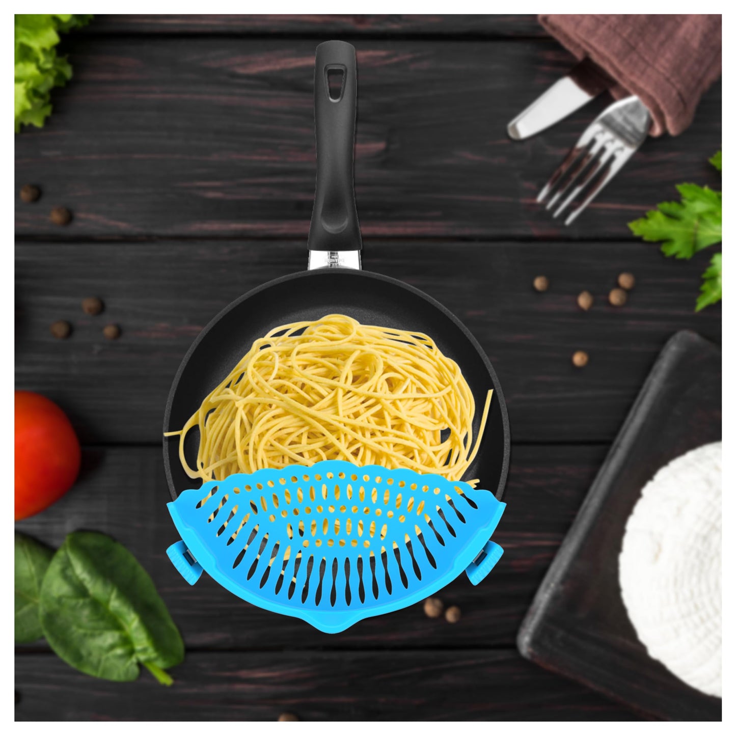 Silicone Pasta Strainer Insert - Clip On for Pots & Pans - Easy Pasta Draining