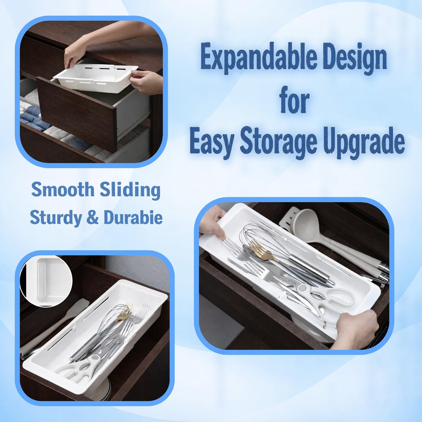 Kirosy 3-Pack Expandable Drawer Organizer for Deep Drawers, Adjustable Storage Tray (17–27 in), Durable PP Smooth Glide Divider for Kitchen, Vanity & Office, Space-Saving Design