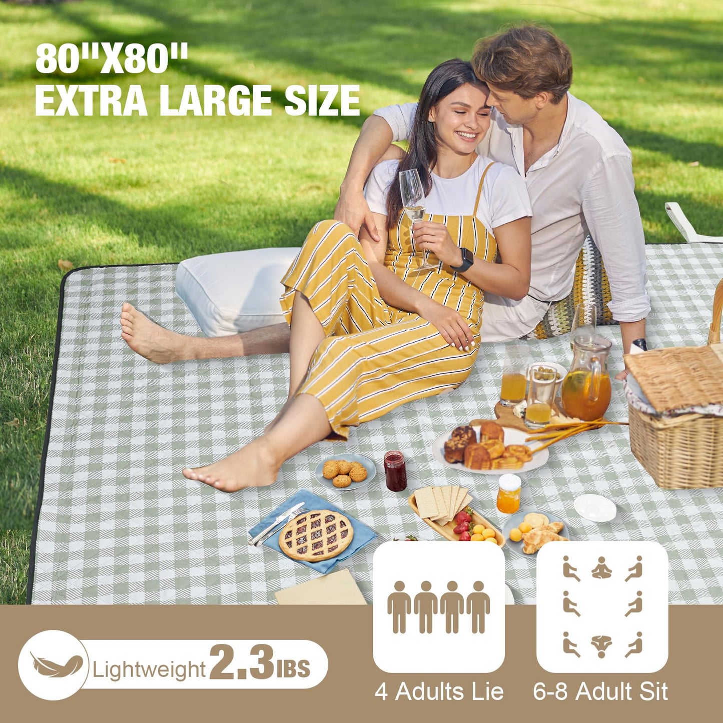 Picnic Blankets Outdoor Extra Large - 80"x80" Portable Waterproof Picnic Blanket, Machine Washable 3-Layer Foldable Park Mat with Sandproof Backing for Grass, Hiking, Travel, Concerts, Indoor (Green)