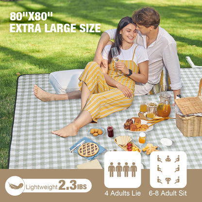 Picnic Blankets Outdoor Extra Large - 80"x80" Portable Waterproof Picnic Blanket, Machine Washable 3-Layer Foldable Park Mat with Sandproof Backing for Grass, Hiking, Travel, Concerts, Indoor (Green)