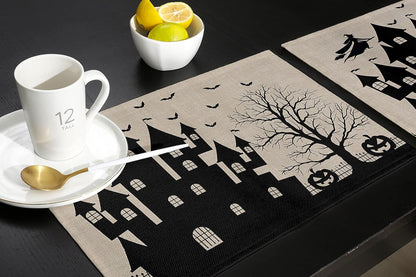 Halloween Placemats Set of 4, Cotton Linen Place Mats with Castle Witch, Pumpkin Lamp, Bat for Dinner Party