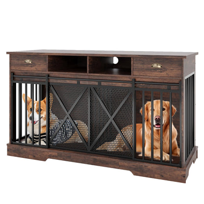 Garvee Double Dog Crate Furniture, 63” Large Dog Kennel Furniture with Divider and Sliding Doors, Heavy Duty Dog Kennel Furniture with Drawers and Shelves for Living Room, Retro Brown