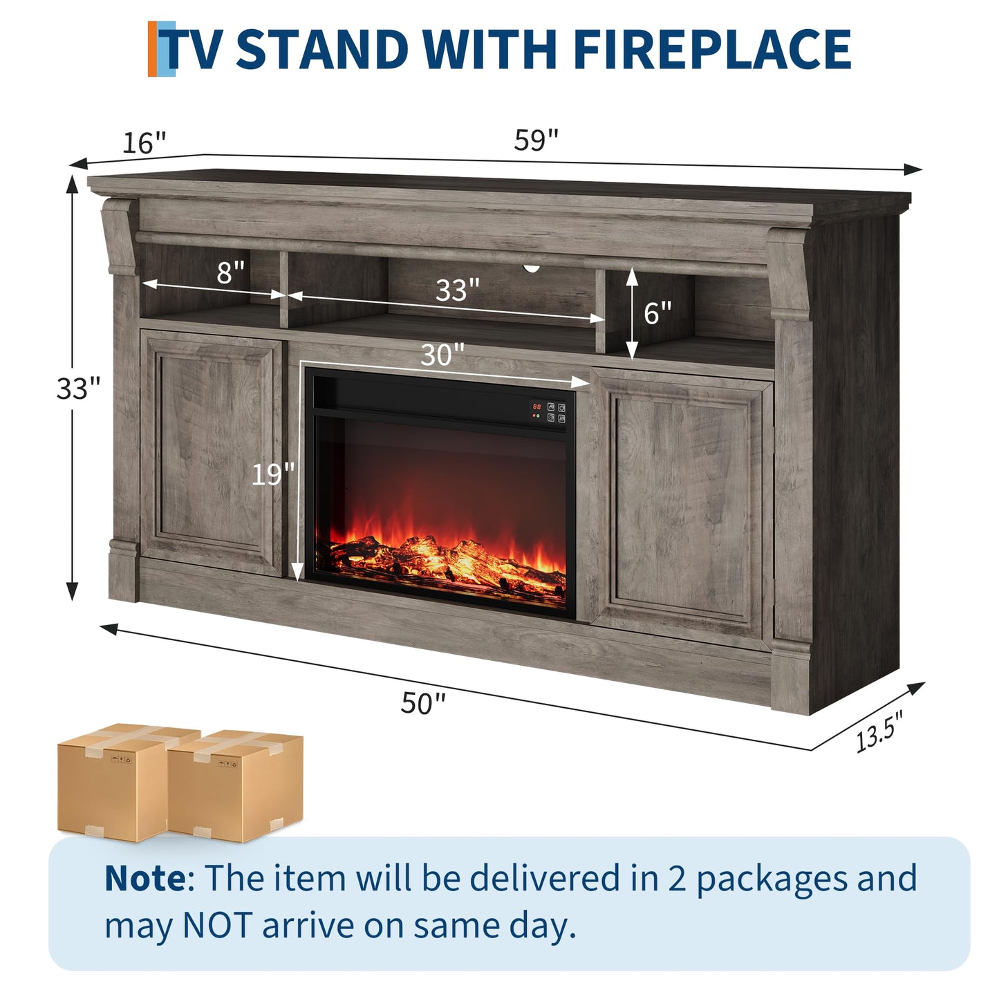 GarveeHome 58" Farmhouse Electric Fireplace TV Stand for TV Up to 65", Entertainment Center with 30'' Fireplace, Console Table TV Cabinet with Open Storage Shelves for Living Room