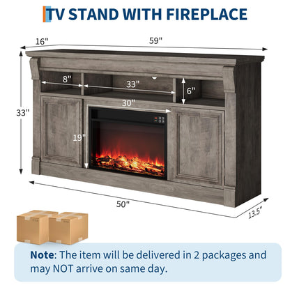 GarveeHome 58" Farmhouse Electric Fireplace TV Stand for TV Up to 65", Entertainment Center with 30'' Fireplace, Console Table TV Cabinet with Open Storage Shelves for Living Room