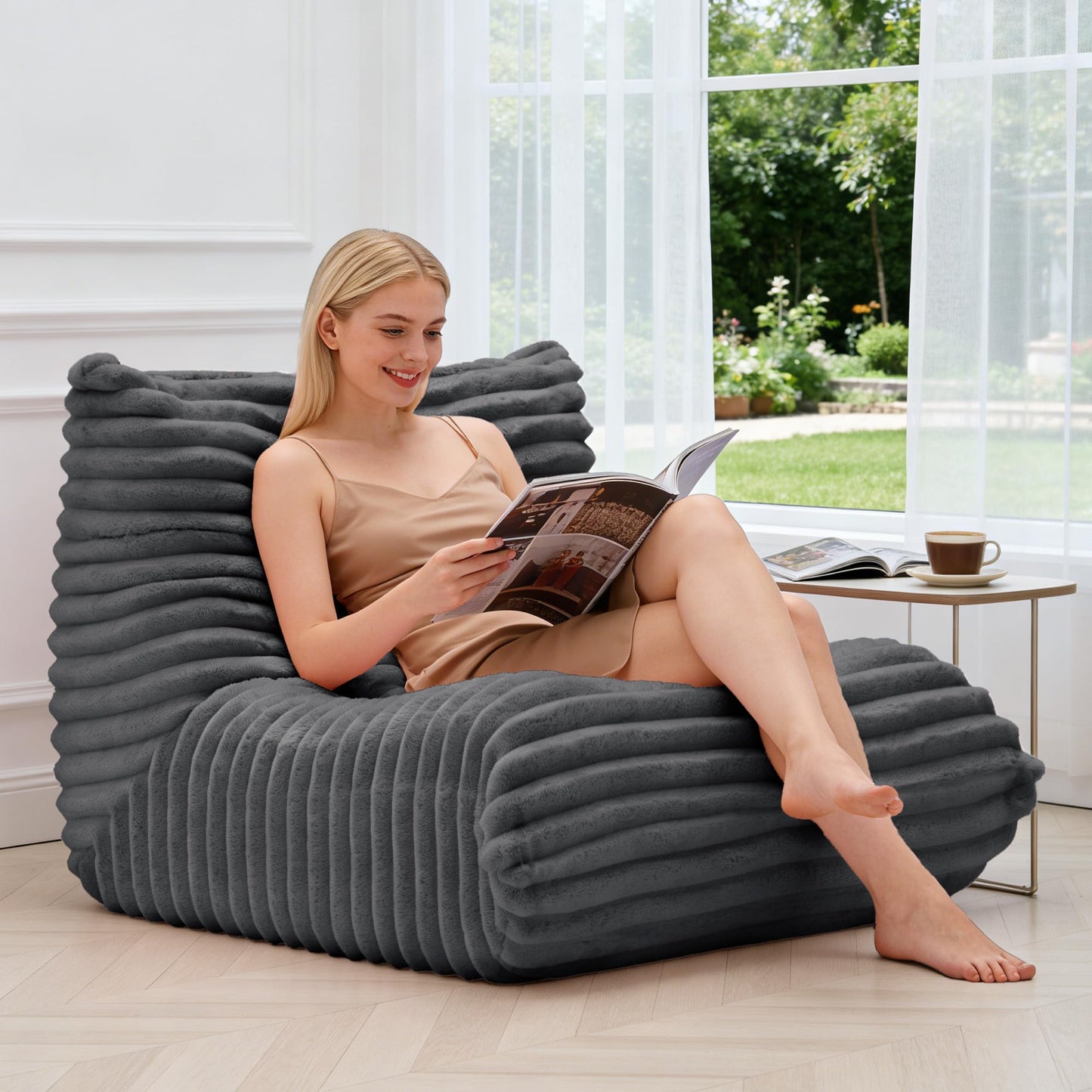 ZOOVEE Giant Bean Bag Chair with Lumbar Pillow, Memory Foam Filled Oversized Floor Sofa for Adults, Comfy Fireside Lounge Chair for Apartment, Living Room, Bedroom, Reading (Grey)