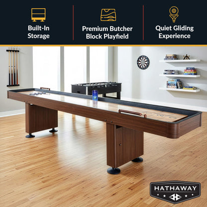 Hathaway Challenger 12 Ft Shuffleboard Table for Family Arcade Game Room - With Poly-Coated Playfield, Built-In Scorer & Cabinet, Climate Adjusters, Leg Levelers, 8 Pucks, Brush & Wax - Walnut Finish