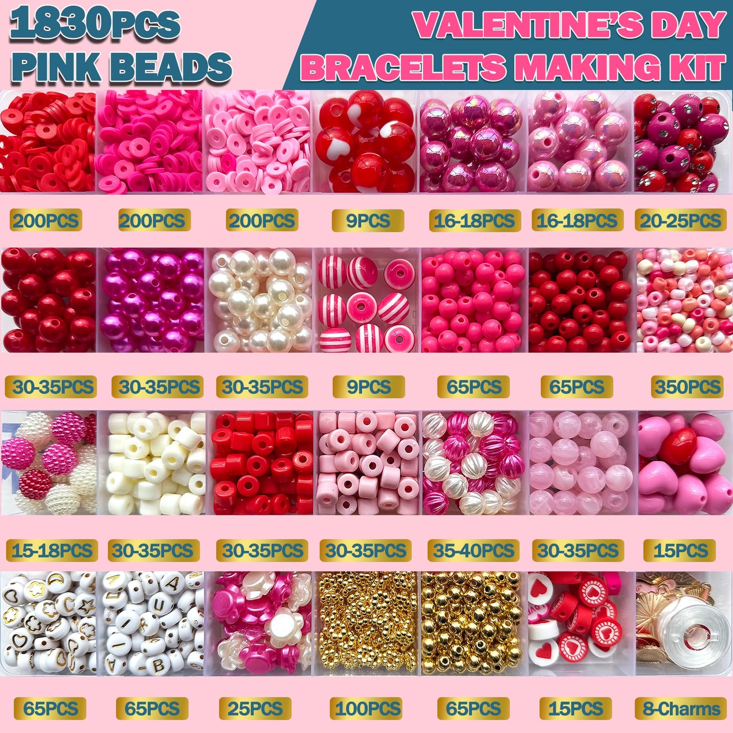1800PCS+ Valentine’s Day Beads for Bracelets Jewelry Making Set, Pink Red Polymer Clay Beads Assorted Pearl Acrylic Heart Bead Letter Spacer Flower Bead and Heart Charms for Necklace Bracelets Making