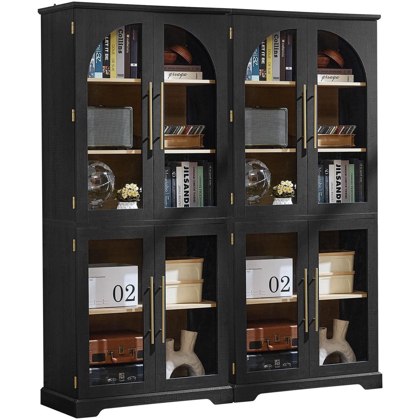 Joaxswe 72" Tall Bookshelf Set of 2, Farmhouse Bookcase with 3-Tier Adjustable Shelves, Modern Living Room Display Cabinet with Glass Doors, Large Storage Cabinet for Home Office,Dining Room, Black