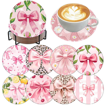 HHMATITS 8 Pcs Diamond Art Coasters Kit, Pink Bow Diamond Art Coaster with Holder Cork for Adults Beginners, 5D DIY Full Round Diamonds Painting Coasters Kit for Gifts 4X4 Inch