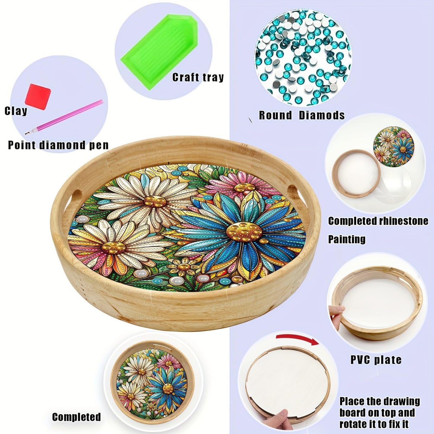 ARTopet DIY Diamond Tray Round Diamond Art Painting Creative Design Handmade Wooden Tray Dinner Plate Diamond Art for Coffee Living Room Home Organizer Diameter 25.5cm-Daisy